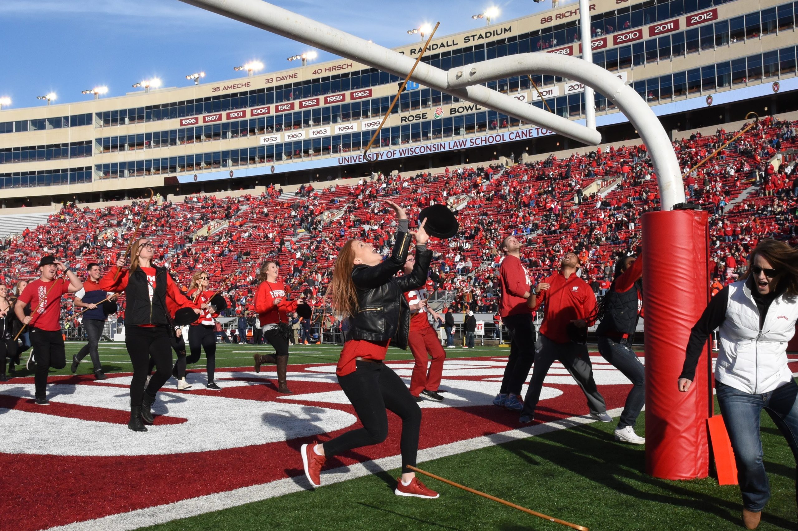 students underneath the goalposts