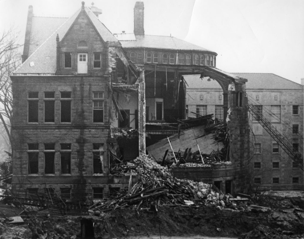 A view of the deconstruction of the original Law building.