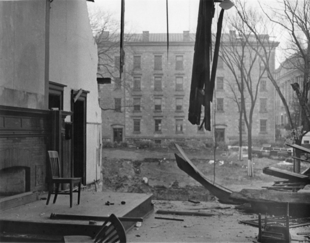 A classroom during the deconstruction of the original Law Building.