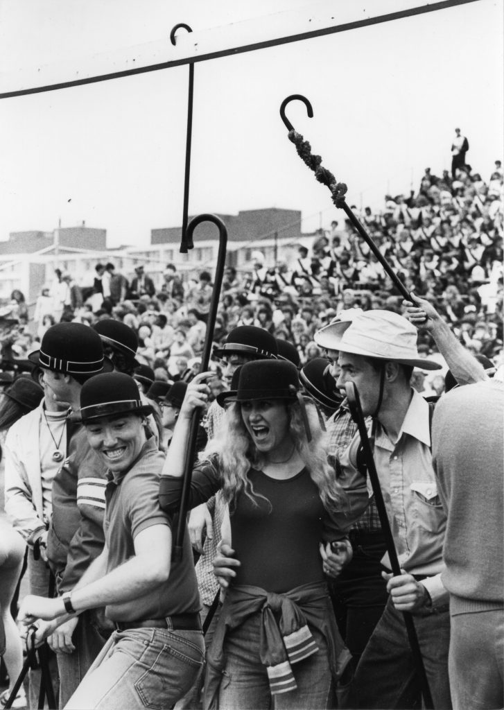 A cane hangs off the goal post in Camp Randall.