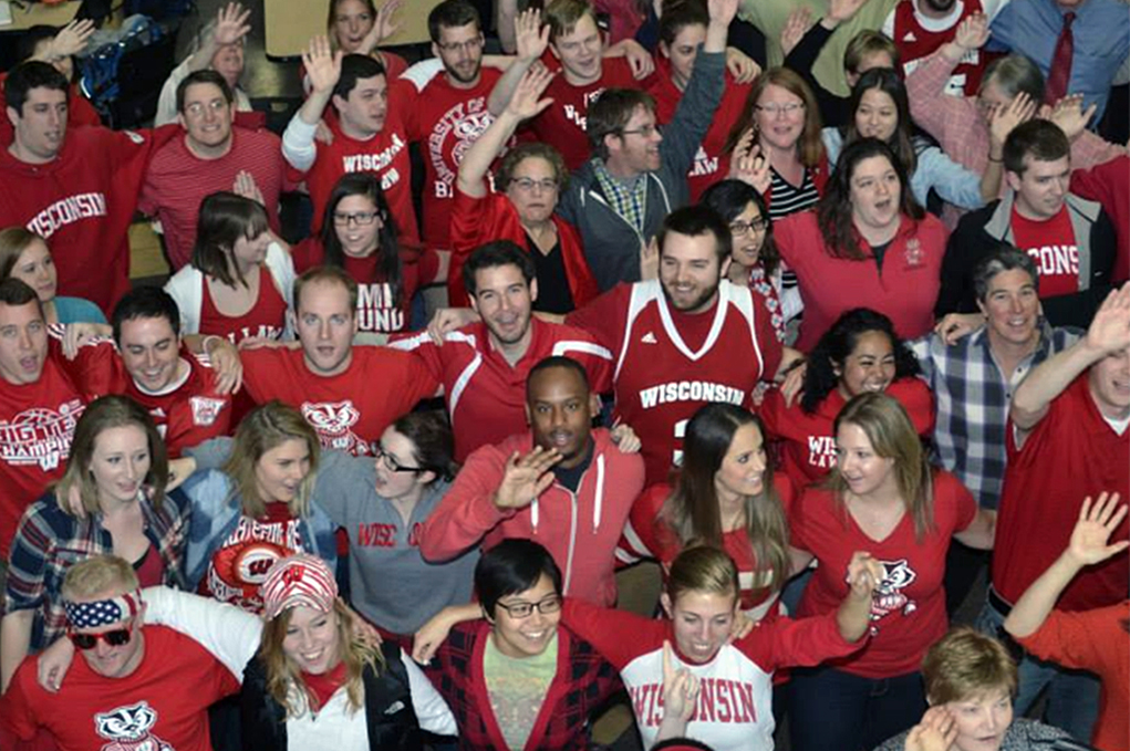 Law students wearing their Badger red in Law School atrium