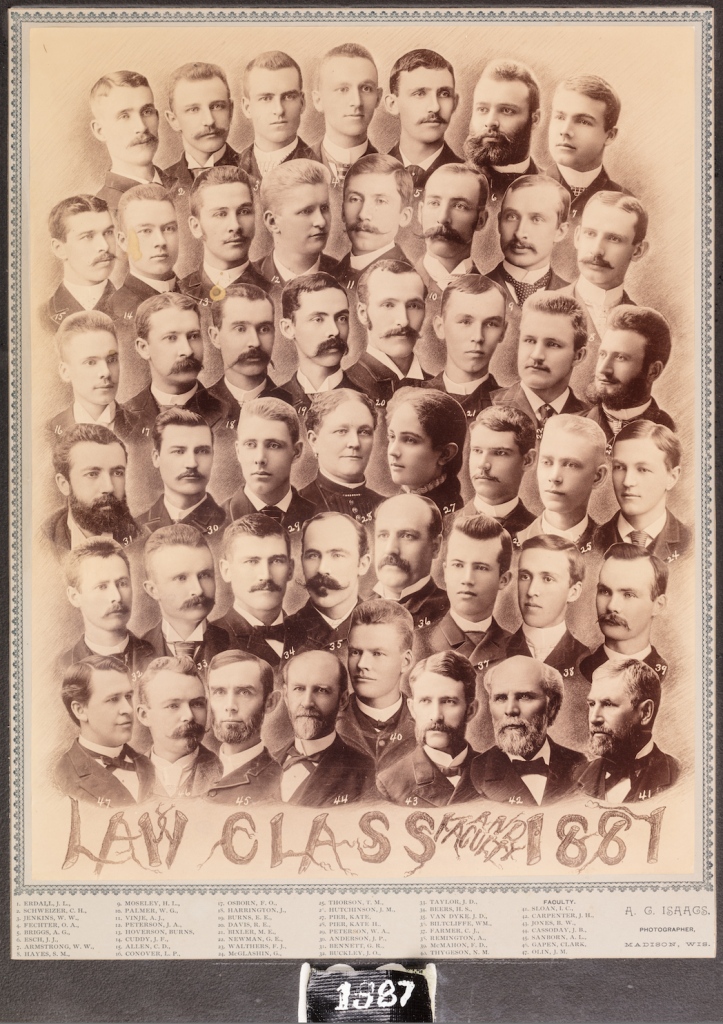 Law class of 1887 featuring antique photos and illustrations. Two women are among the many men.
